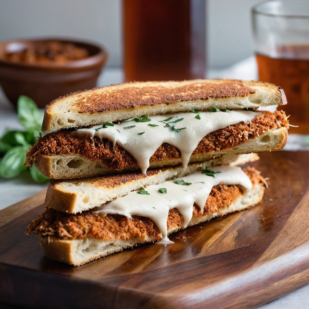 Two thick slices of toasted bread stuffed with chicken Parmesan and melted mozzarella, served on a rustic wooden board.