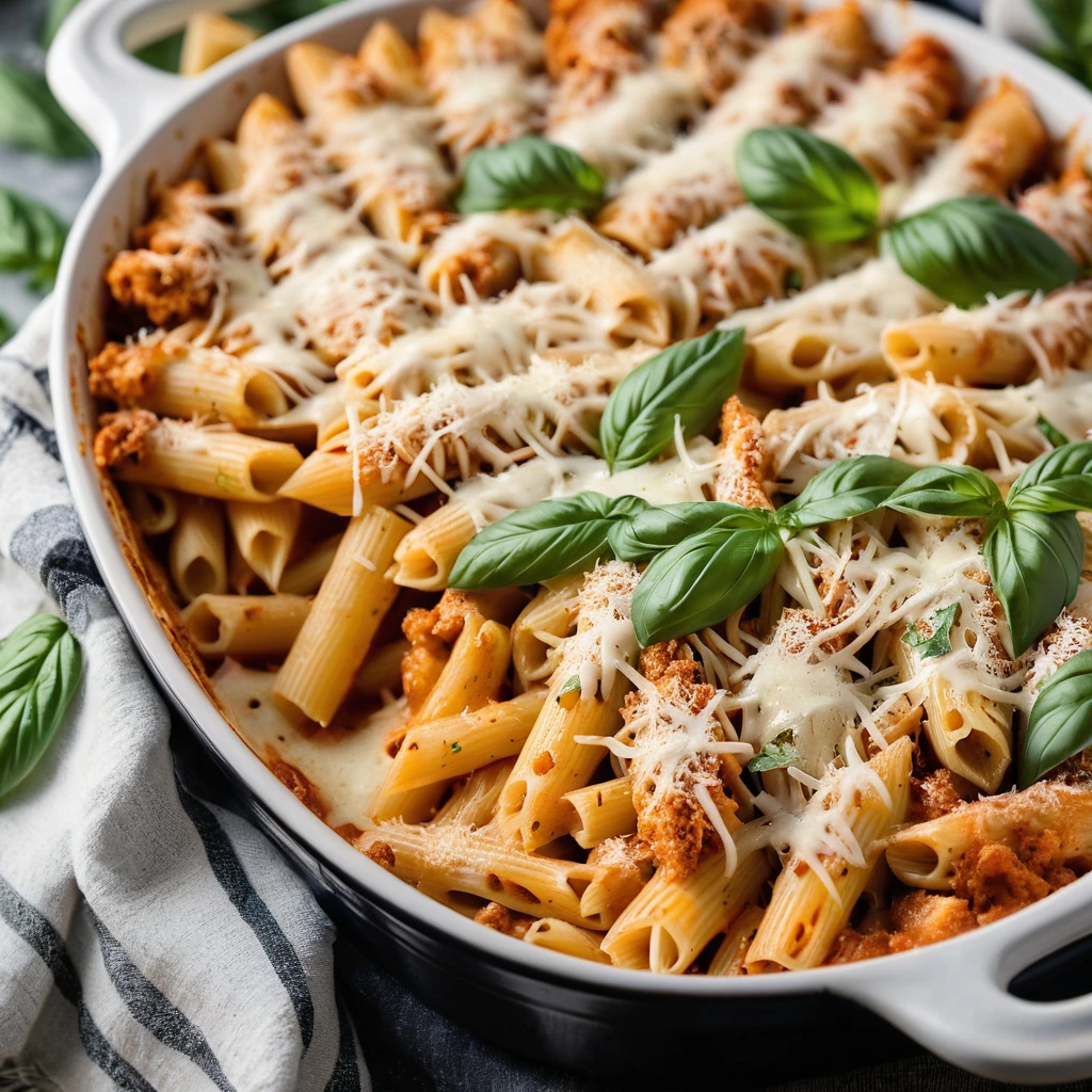 Baked penne pasta topped with melted mozzarella and parmesan, golden breadcrumbs, and tender chicken chunks.