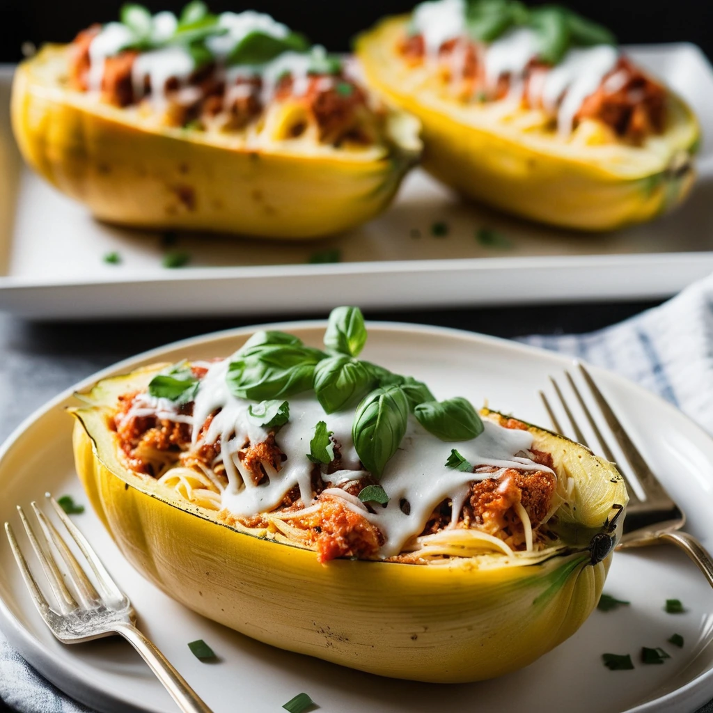 Two halves of spaghetti squash topped with chicken and melted cheese, golden brown and bubbly.