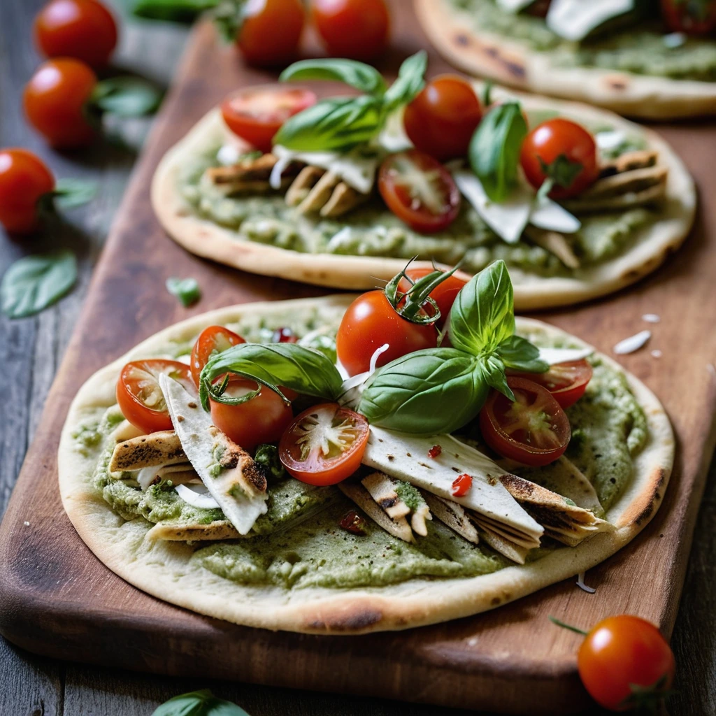 Flatbreads topped with shredded chicken, green pesto, and halved red cherry tomatoes on a rustic wooden board.