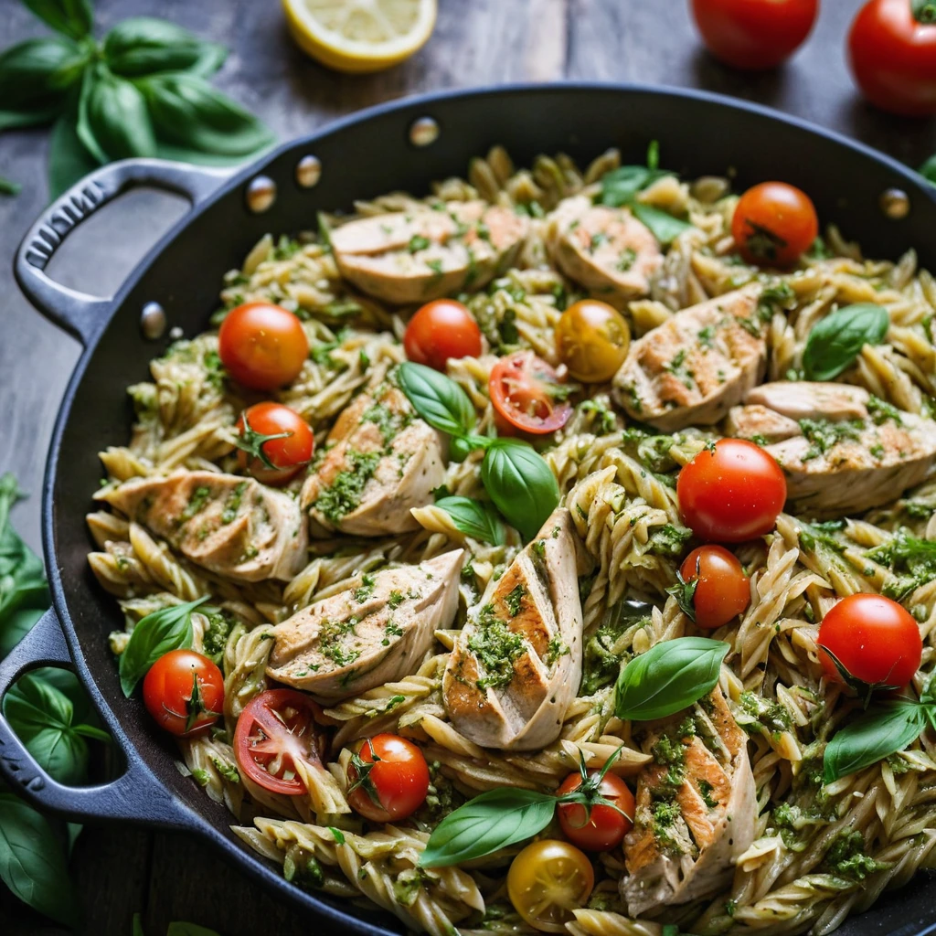 Golden orzo and tender chicken nestled with juicy red tomatoes in a vibrant green pesto sauce in a skillet.