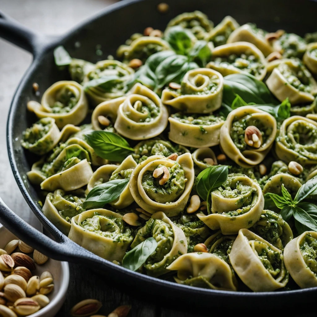 Golden chicken pieces atop green pesto pasta with toasted pine nuts sprinkled on top, all in a skillet.