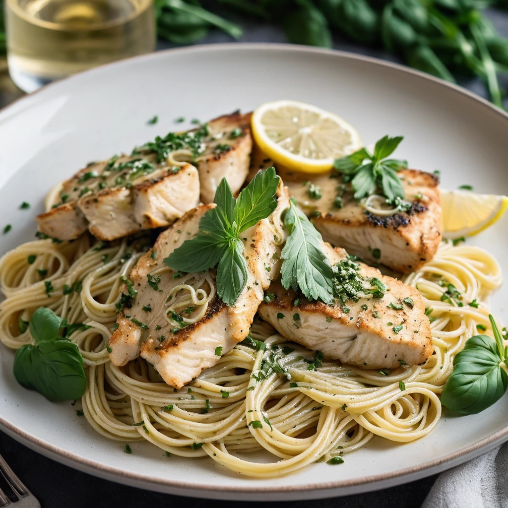 Golden chicken slices with a glossy lemon sauce over a mound of garlic butter spaghetti, sprinkled with fresh parsley.
