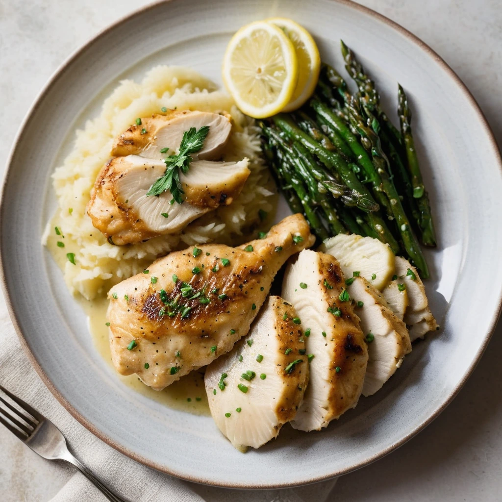 Golden chicken breasts with lemon slices and a vibrant sauce served alongside fluffy, golden mashed potatoes.