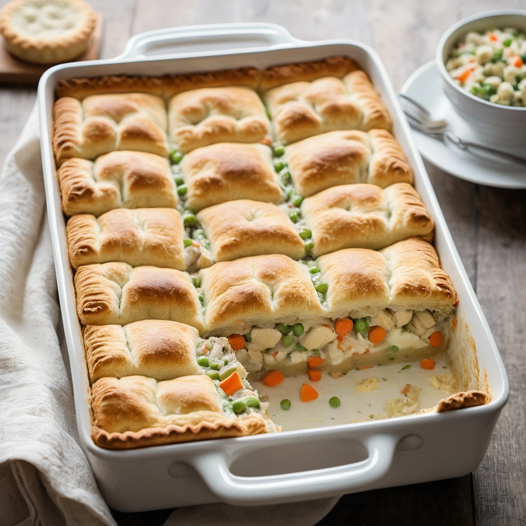Baked casserole with golden biscuit crust covering creamy chicken and vegetable filling in a rectangular dish.