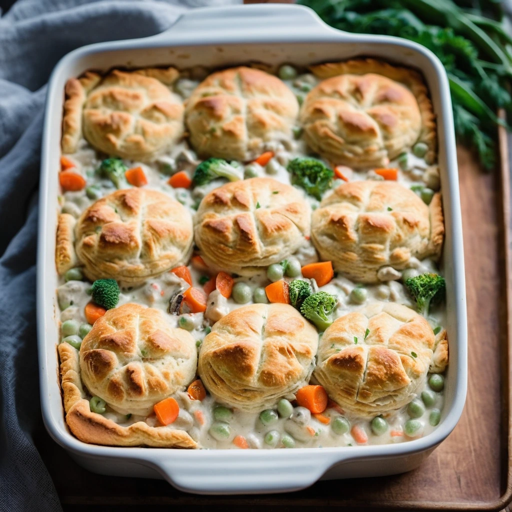 Golden biscuit tops over a creamy chicken and vegetable casserole in a baking dish