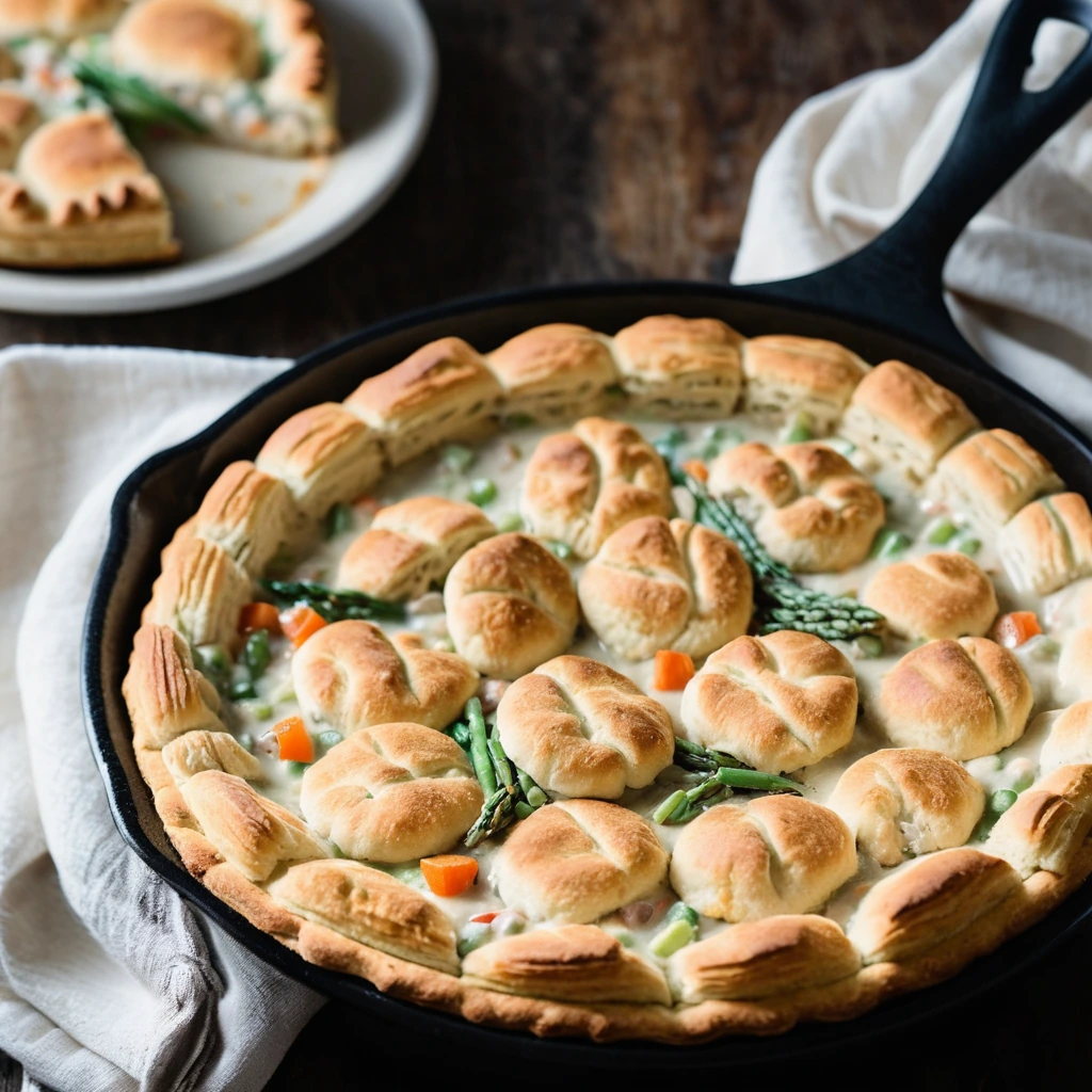A golden biscuit-topped skillet with creamy chicken filling and veggies peeking through.