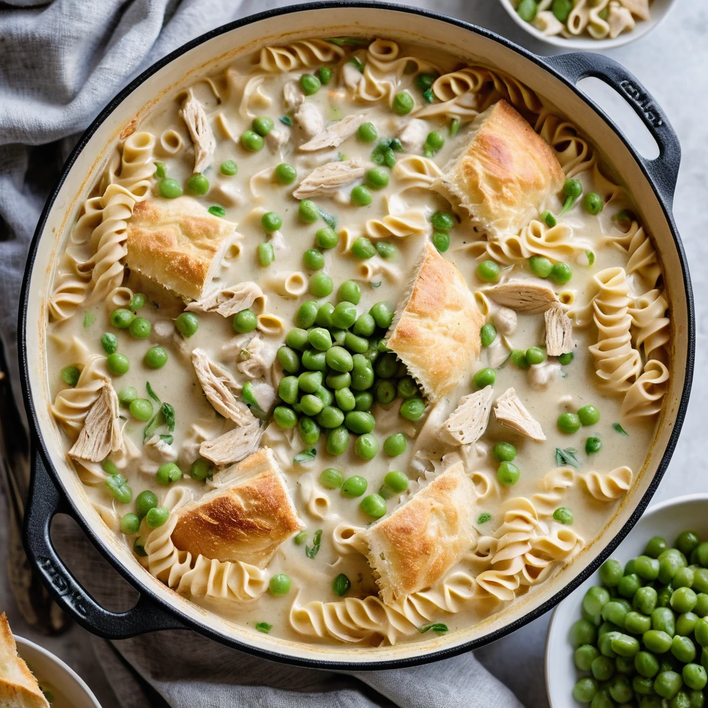 Golden skillet filled with creamy white sauce, tender chicken chunks, and egg noodles topped with melted cheese and peas.