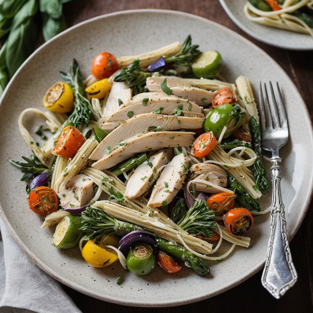 Colorful roasted vegetables and chicken in a pasta dish, garnished with fresh basil and grated Parmesan