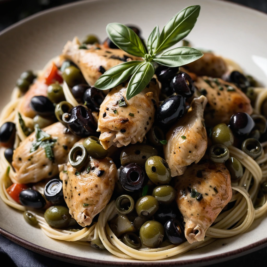 Chicken with penne pasta in a dark, olive-studded sauce with capers and fresh basil leaves on top