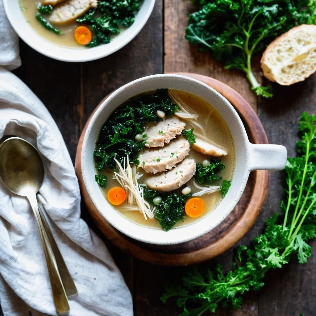 A plated serving of Chicken Sausage Kale Soup
