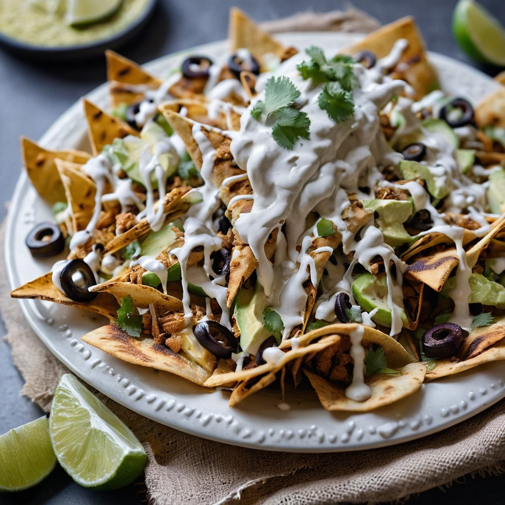 Layered nachos with chicken shawarma, melted cheese, and a drizzle of white garlic sauce.