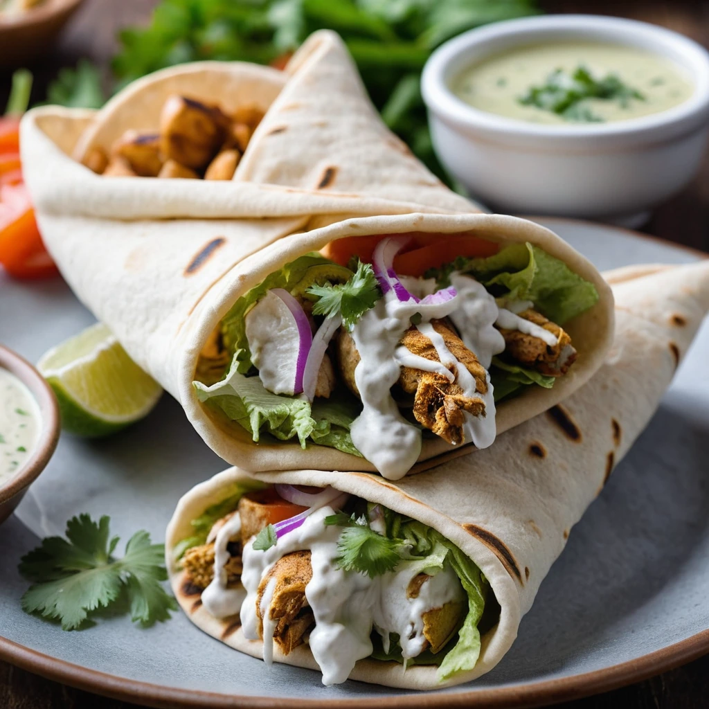 Golden chicken shawarma in soft pita wraps, garnished with fresh parsley and drizzled with white garlic sauce.