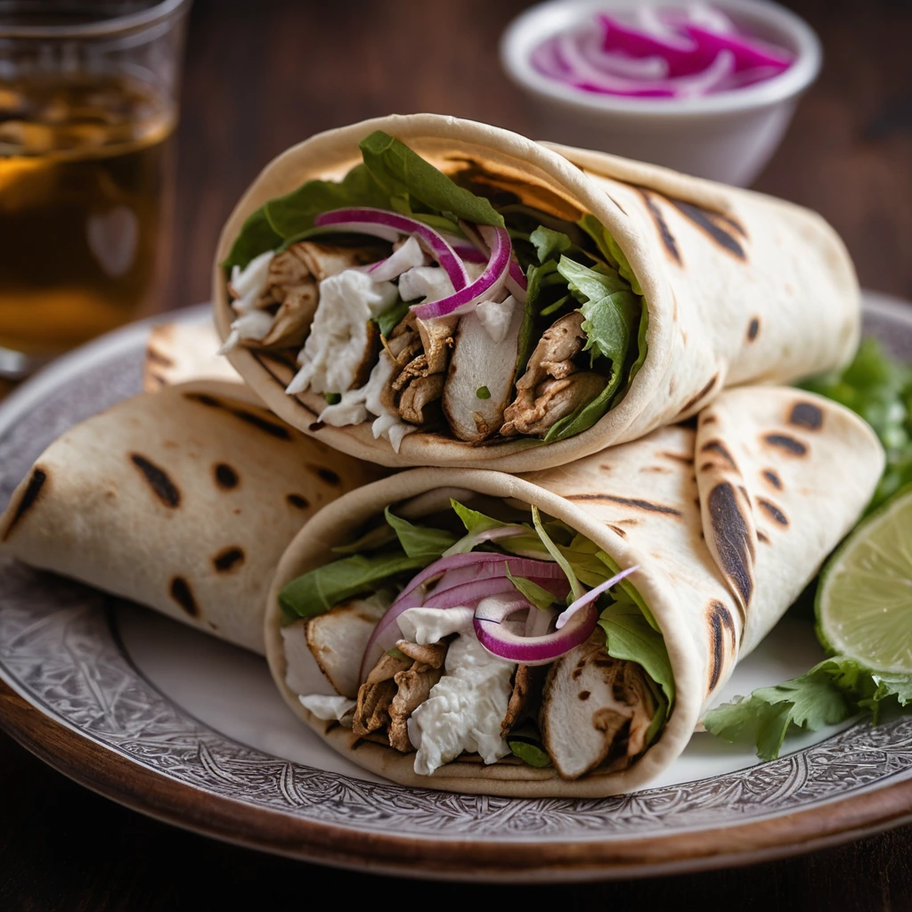 Warm pita wraps filled with seasoned chicken shawarma and vibrant pickled onions on a plate.