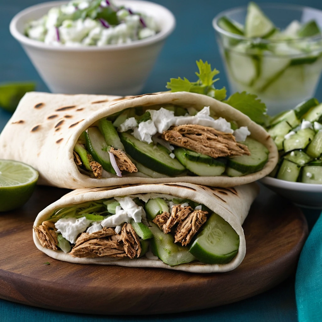 Warm pitas stuffed with spiced chicken shawarma and a vibrant green cucumber salad.