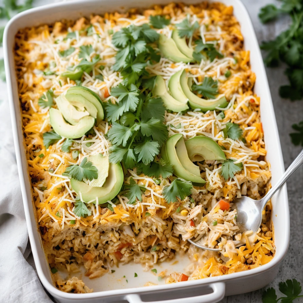 Baked casserole dish with layers of golden rice, seasoned chicken, and melted orange cheese, topped with fresh cilantro.