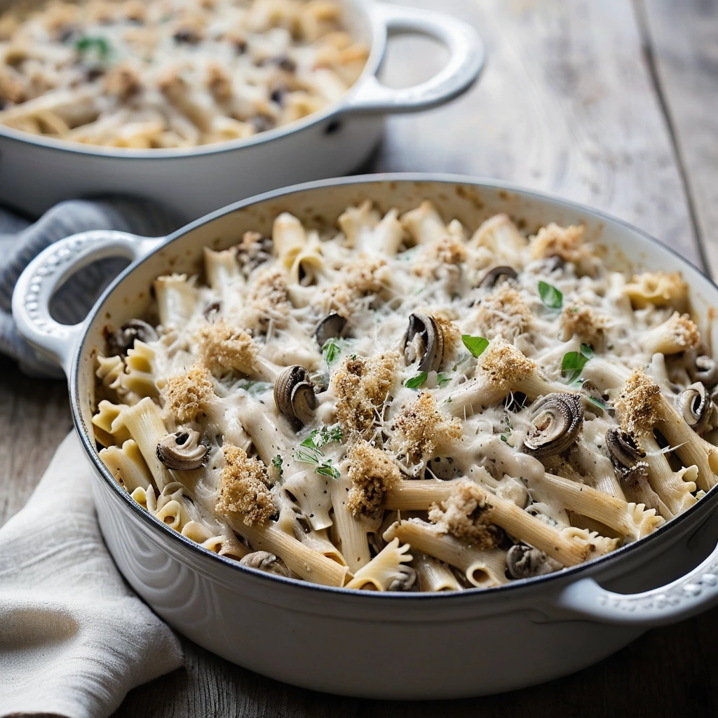 Baked pasta dish with golden Parmesan crumb topping in a creamy white sauce.