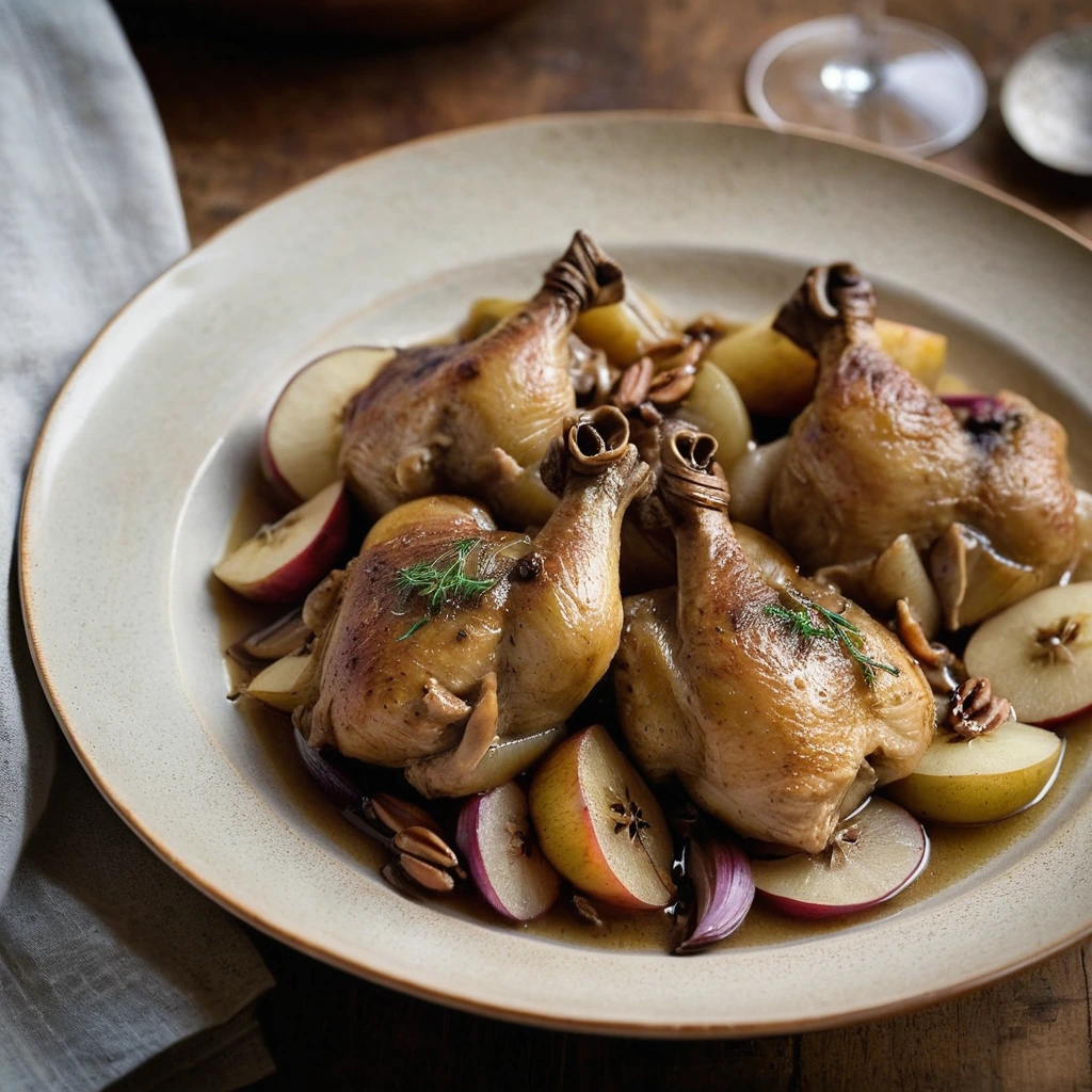 Chicken thighs in a golden sauce with sliced apples and shallots in a rustic serving dish.