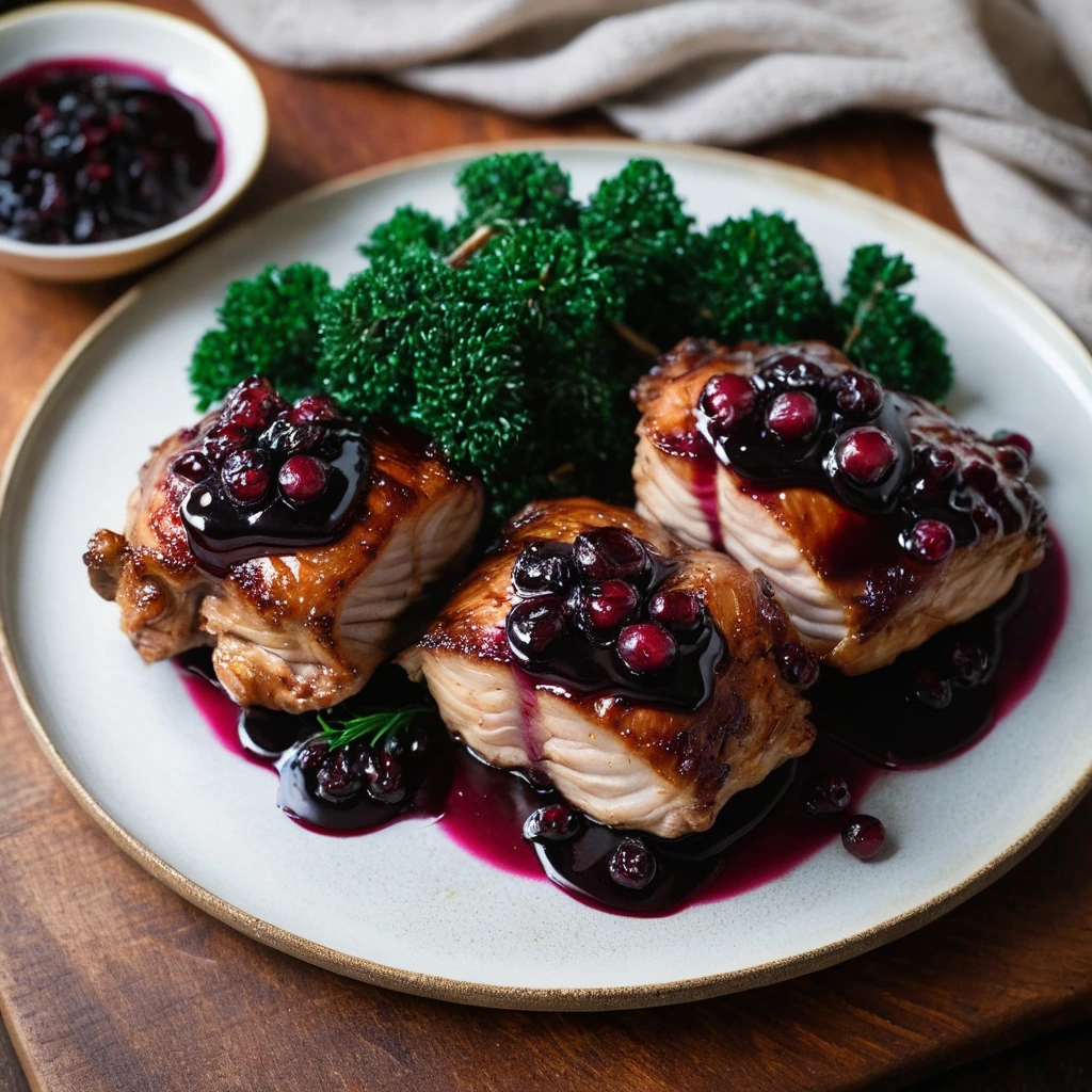 Golden chicken thighs glistening with a deep red glaze served on a rustic wooden board.