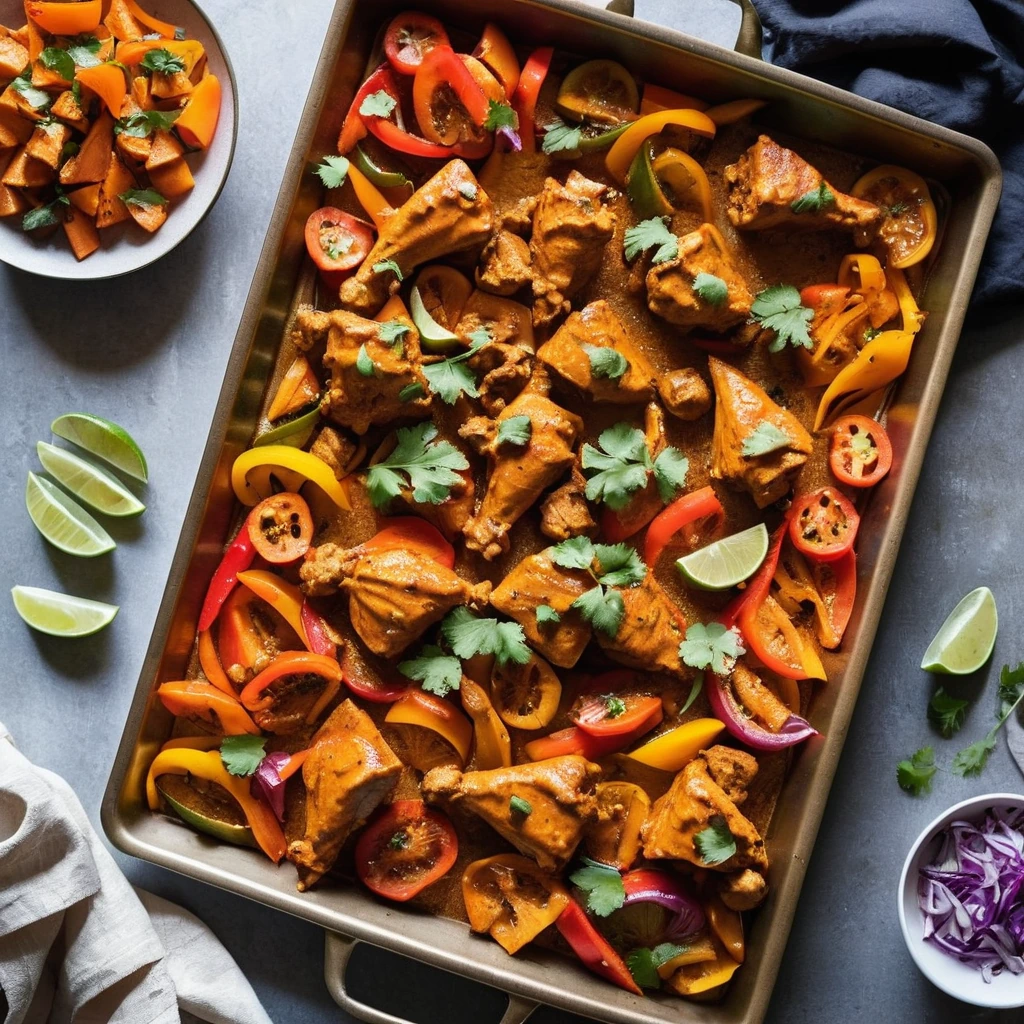 Sheet pan with golden chicken pieces surrounded by colorful bell peppers and onions, smothered in a rich, orange-hued sauce.