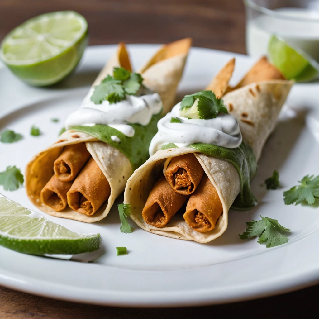 Golden-brown baked flautas with red sauce and a drizzle of green crema on a white plate.
