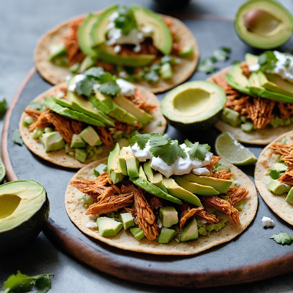 Crispy golden tostadas topped with vibrant red chicken tinga and slices of fresh avocado.