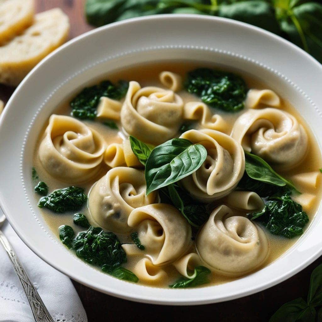 Steamy bowl of golden chicken tortellini soup with vibrant green spinach leaves and white tortellini floating in a rich broth.