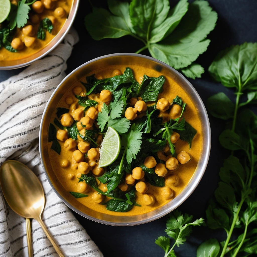 Golden coconut curry in a bowl, vibrant green spinach leaves, garnished with fresh cilantro.