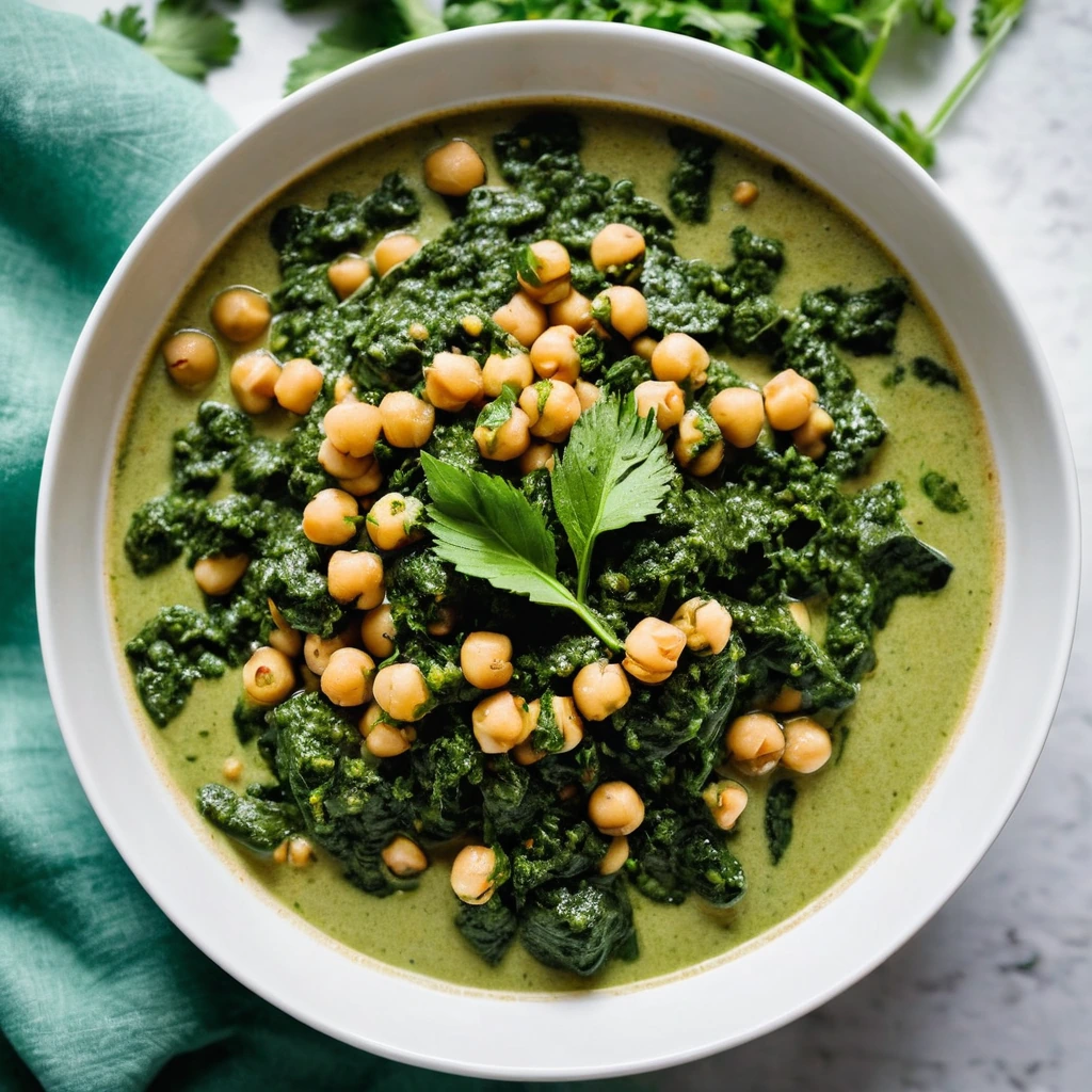 Steamy green curry with chickpeas in a vibrant coconut sauce, garnished with fresh cilantro, served in a white bowl.