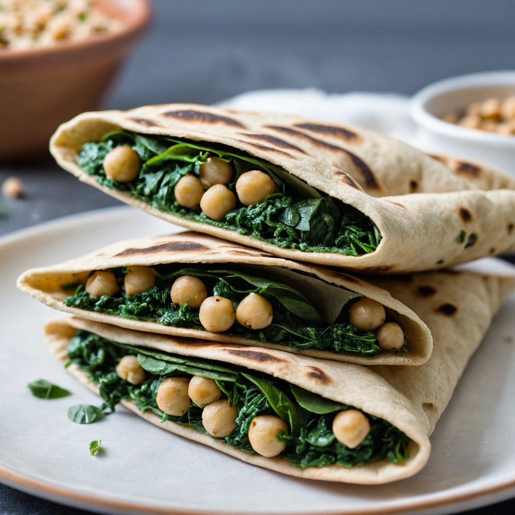 Golden pitas split open, filled with vibrant green spinach and creamy chickpeas, sprinkled with spices.