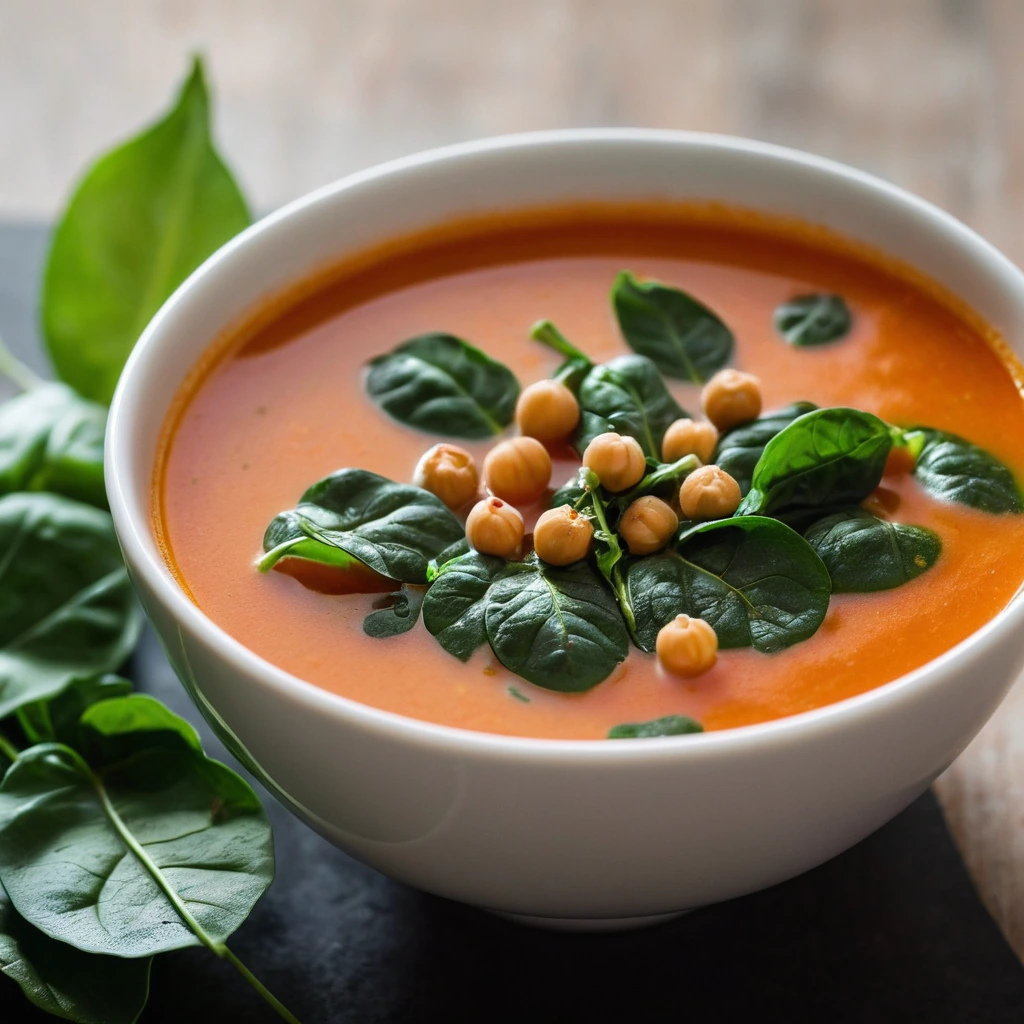 steaming bowl of golden soup with green spinach leaves and whole chickpeas