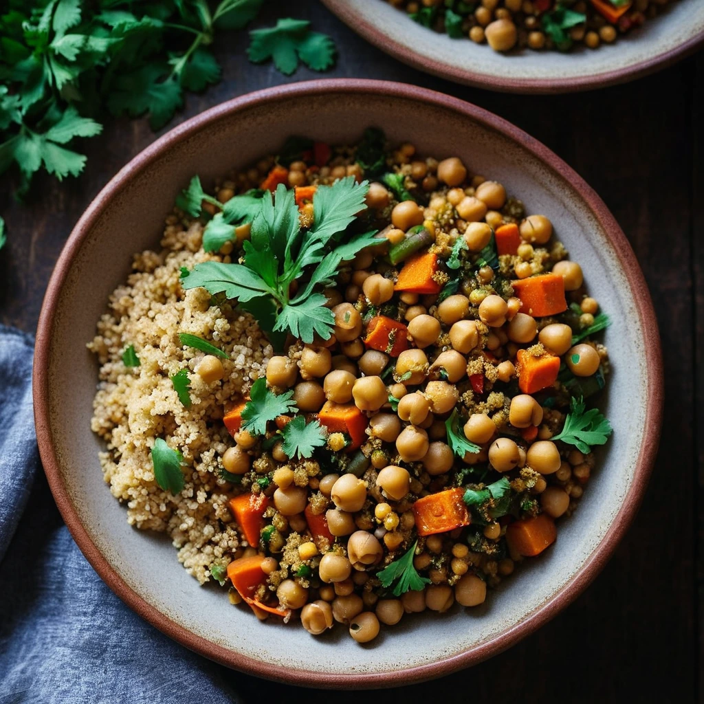 A colorful tagine with golden chickpeas, vibrant vegetables, and fluffy couscous in a rustic bowl.
