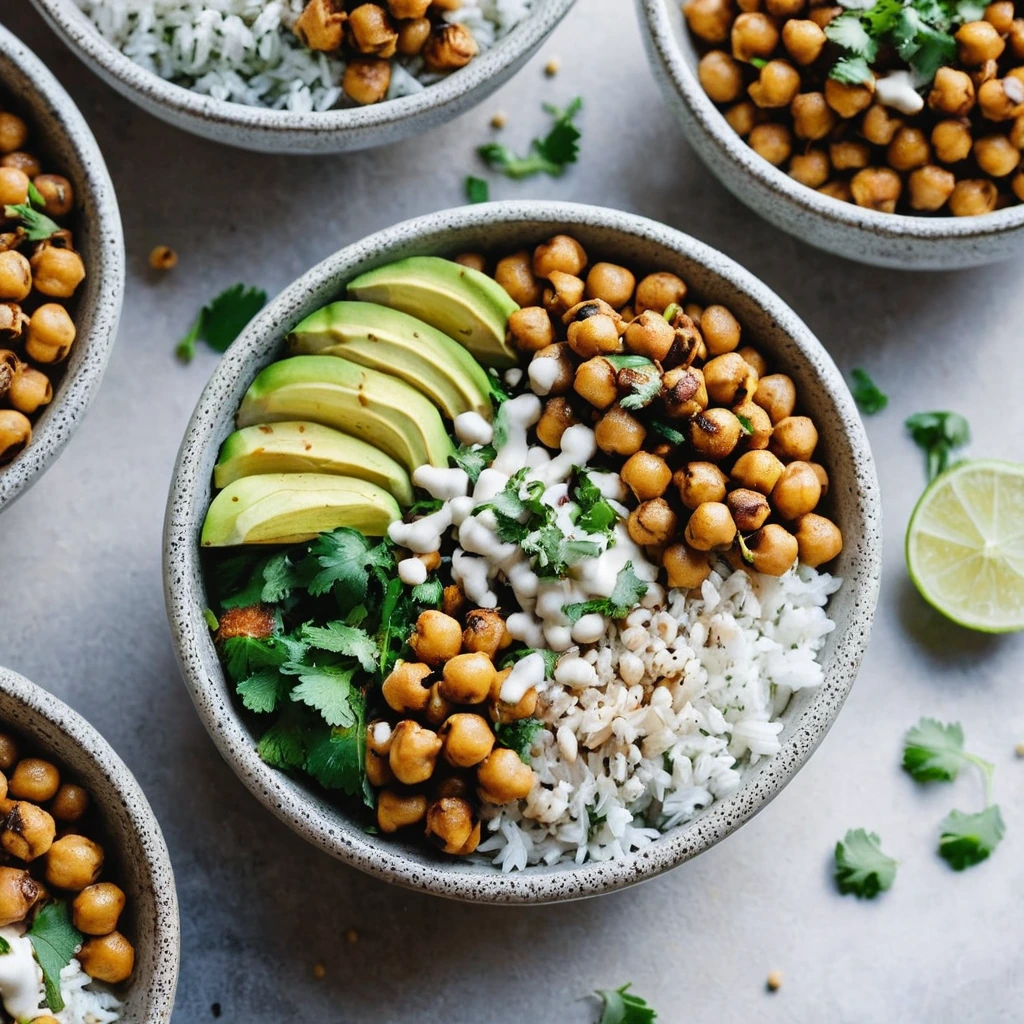 Colorful bowls with spiced chickpeas, rice, veggies, and drizzles of white garlic sauce.