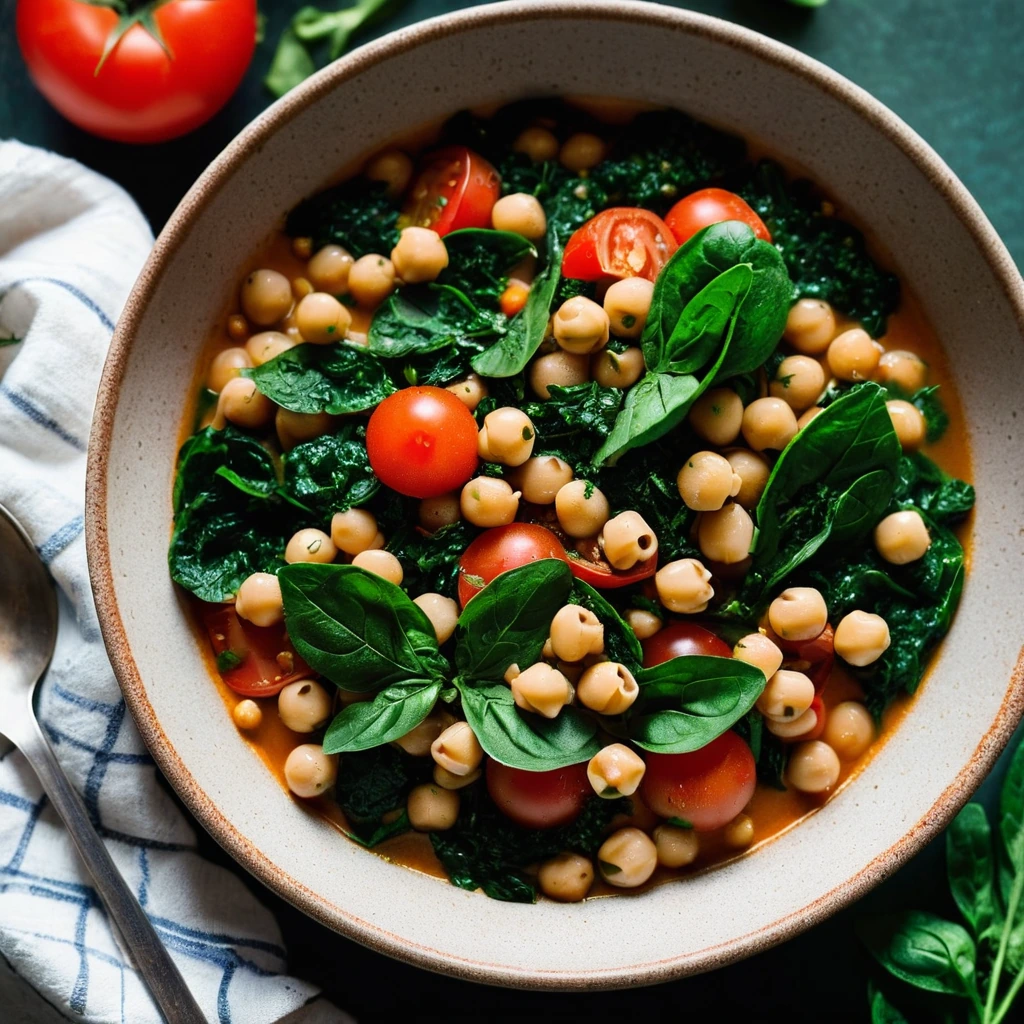 A rustic bowl of vibrant green and red stew topped with fresh herbs.