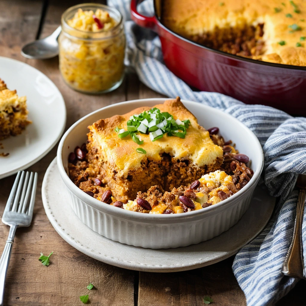 A plated serving of Chili Cheese Cornbread Casserole