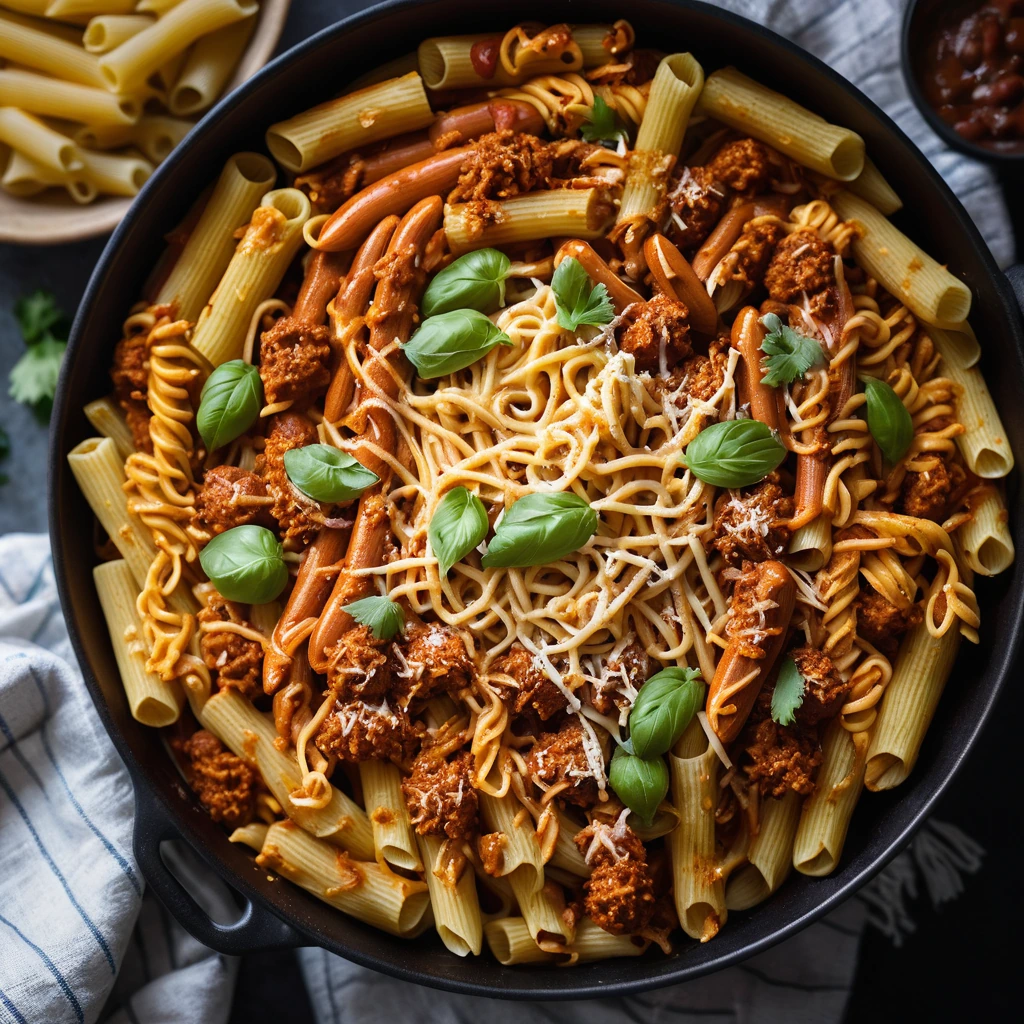 golden pasta in a red chili sauce with melted cheese and sliced hot dogs