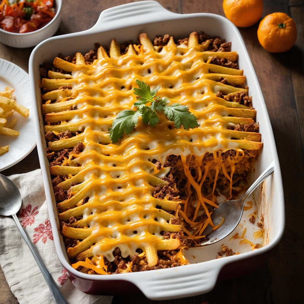 A bubbling casserole dish with layers of golden fries, red chili, and melted orange cheese.