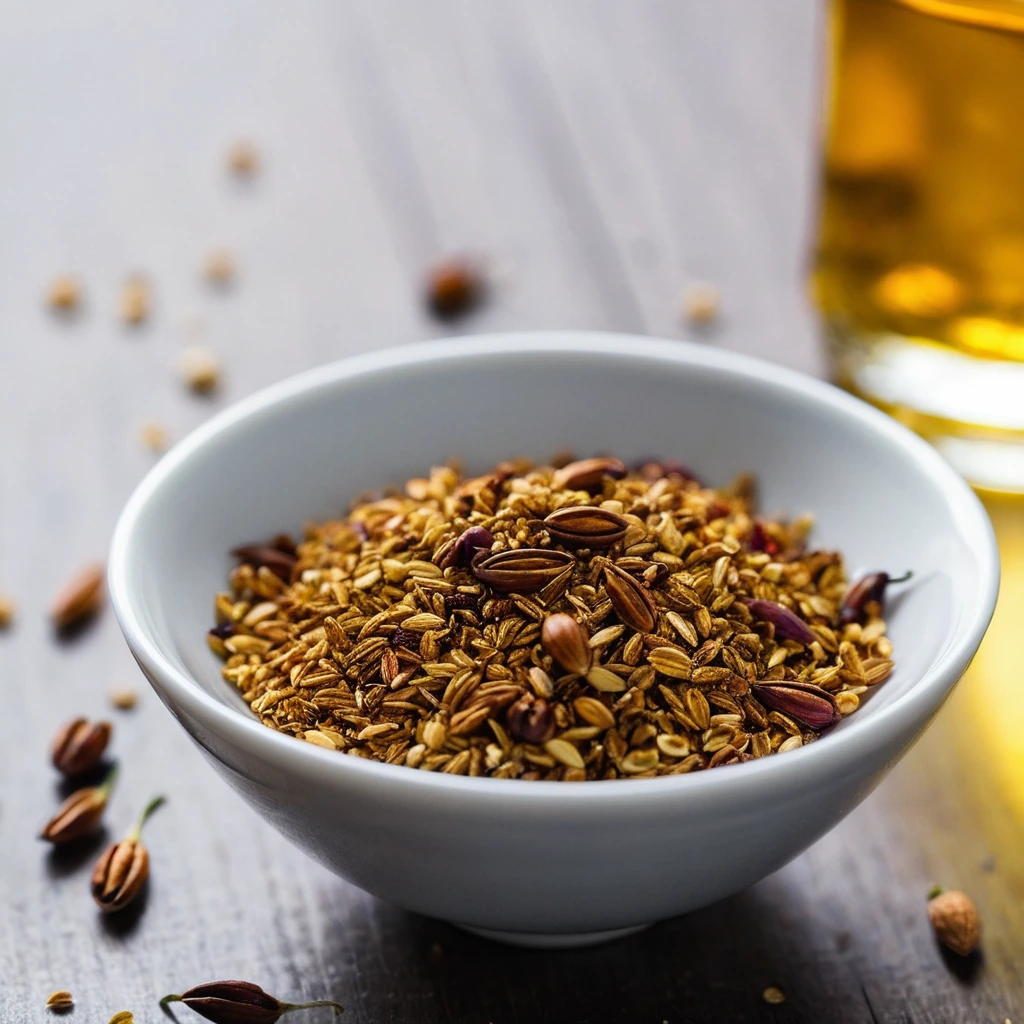 A small bowl of golden oil sprinkled with dark, toasted garlic bits and flecks of red chili
