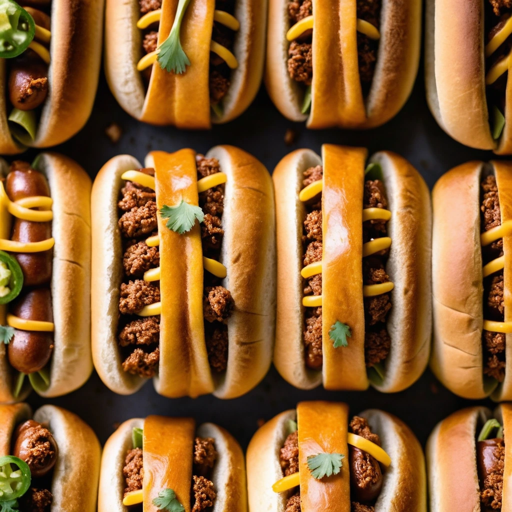 Golden-brown rolls pulled apart to reveal a layer of red chili and sliced hot dogs