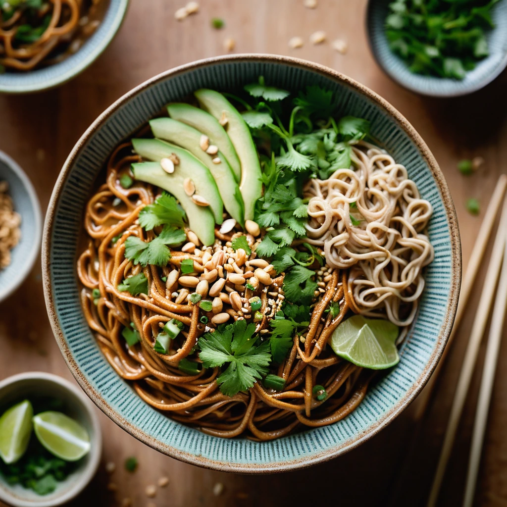 Bowl of noodles drenched in rich peanut sauce, sprinkled with cilantro and sesame seeds, vibrant green and orange hues.