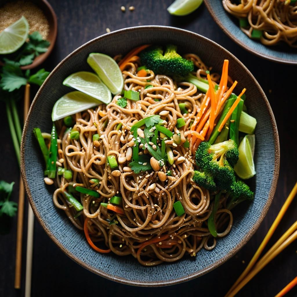 Bowl of mixed vegetables and noodles covered in a glossy orange-brown sauce, sprinkled with sesame seeds.