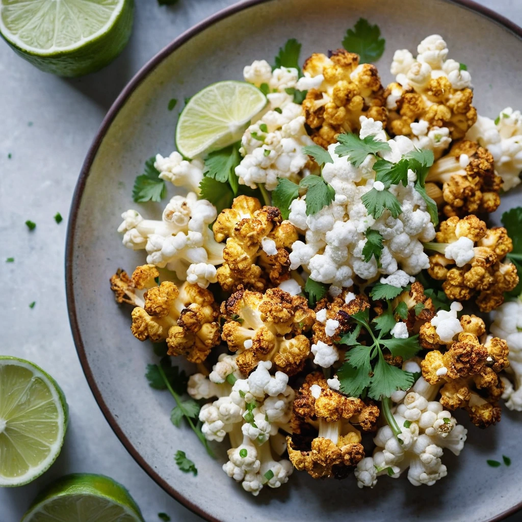 Golden roasted cauliflower florets drizzled with creamy sauce, sprinkled with cotija cheese, and garnished with cilantro.