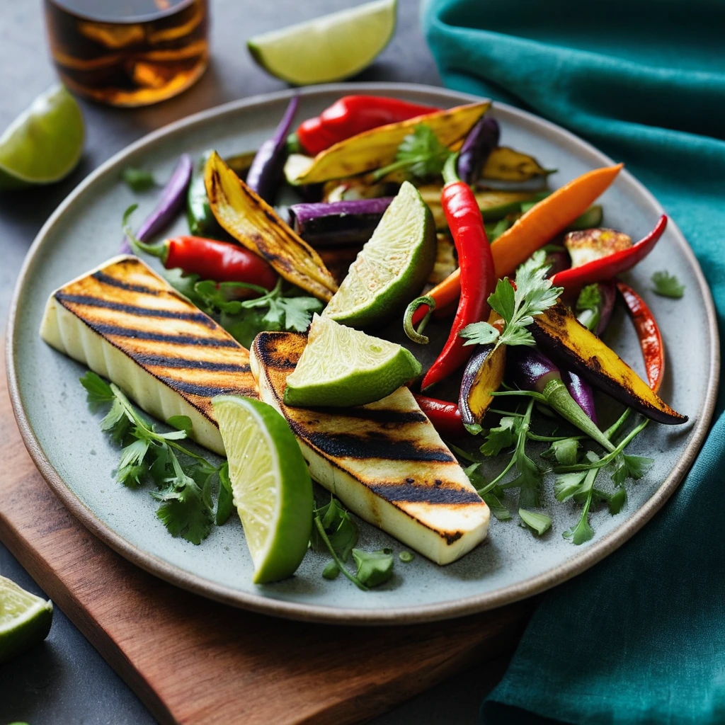 Grilled halloumi slices and colorful mixed veggies on a plate with fresh cilantro and lime wedges.