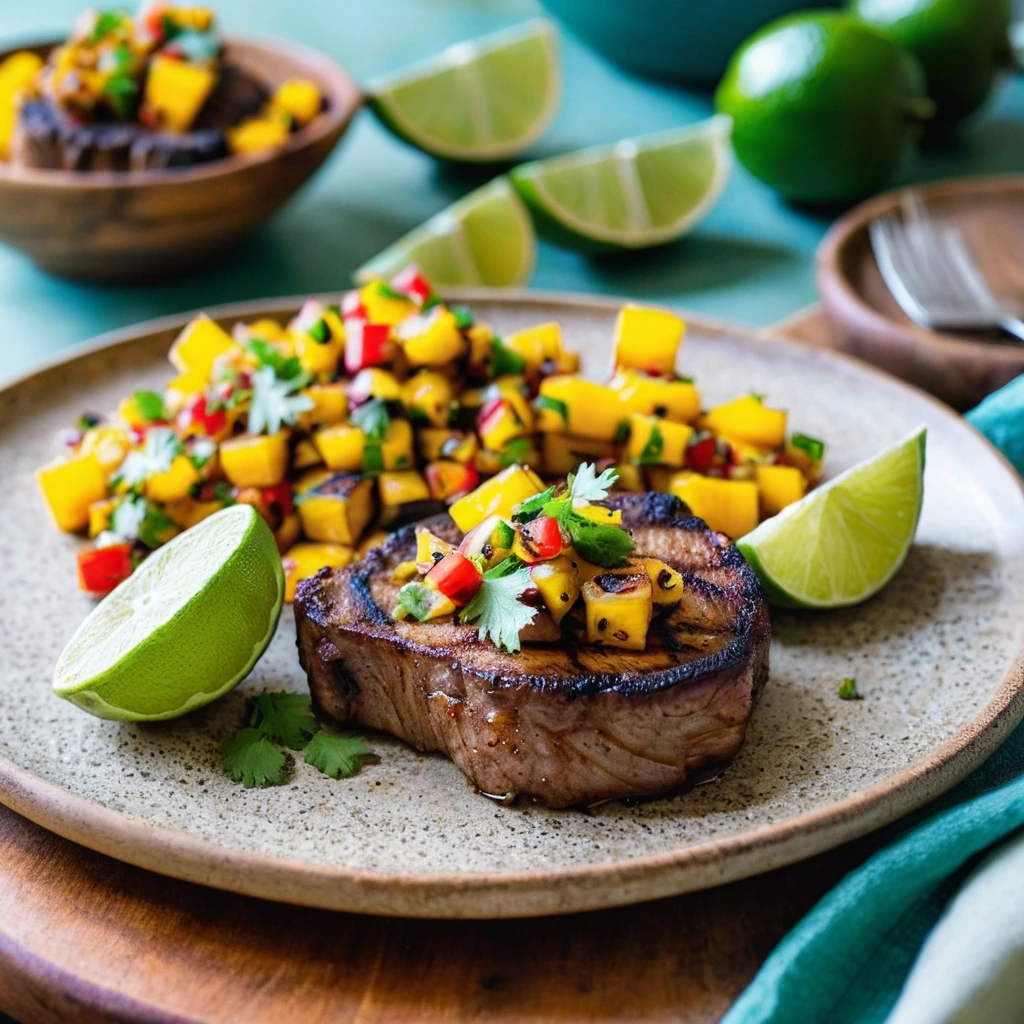 Grilled pork chops with a vibrant mango salsa on a rustic wooden board.