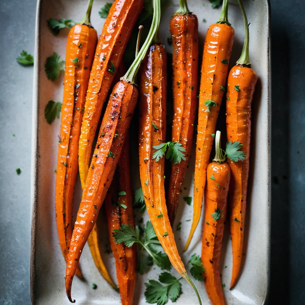 Golden roasted carrots glistening with a vibrant orange glaze, sprinkled with fresh cilantro.