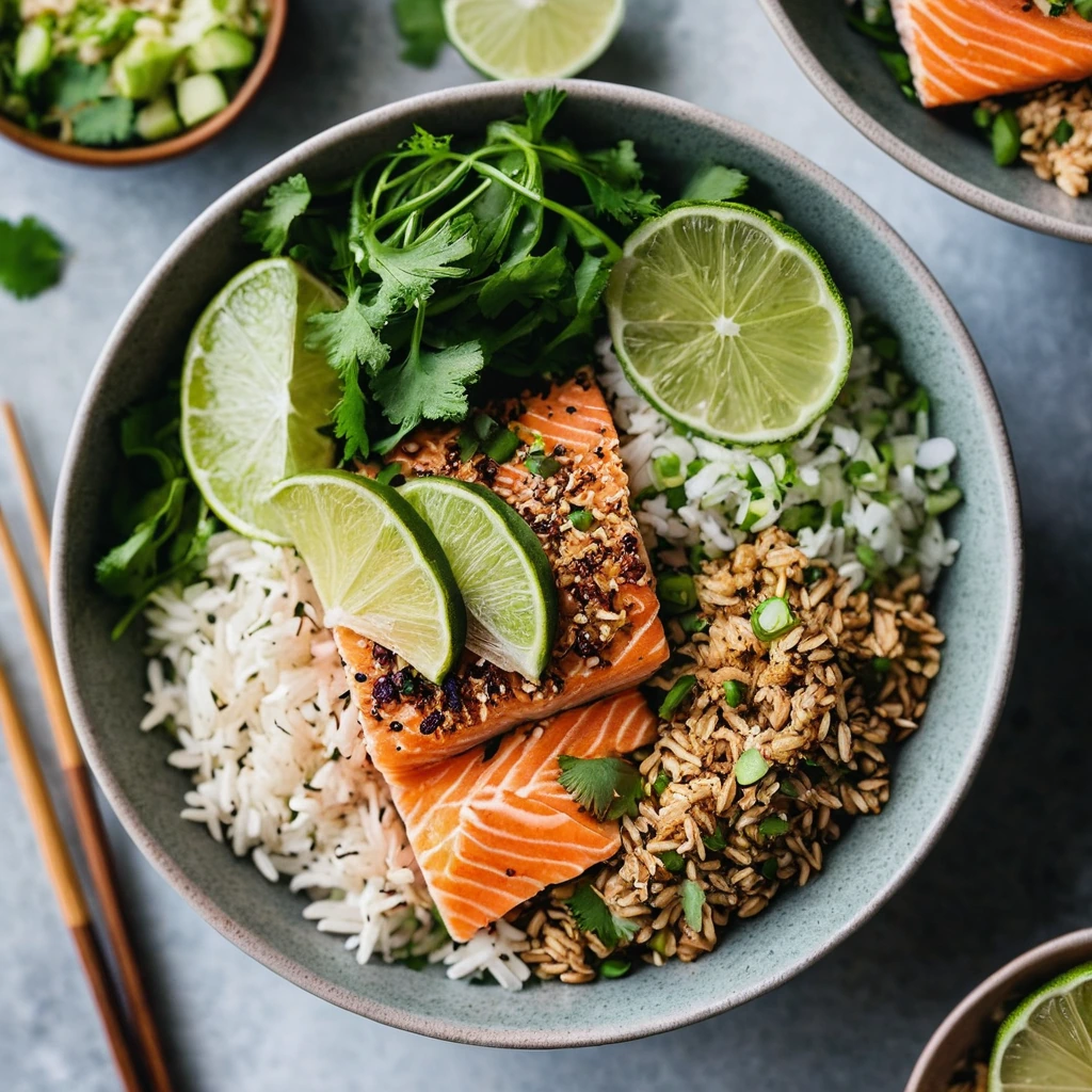 Plated salmon and rice bowls with vibrant green slaw and lime wedges