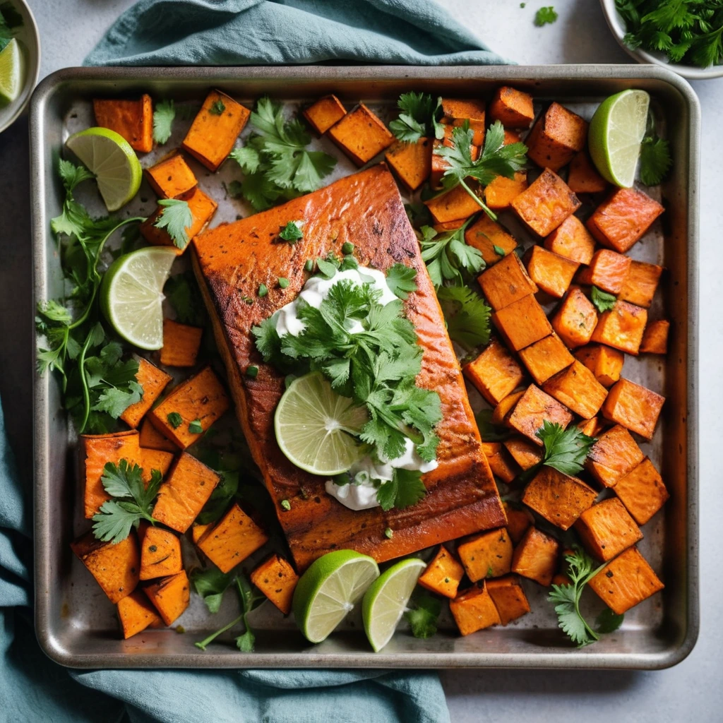 Sheet pan with roasted salmon fillets and golden sweet potato cubes, drizzled with a vibrant green cilantro garnish.