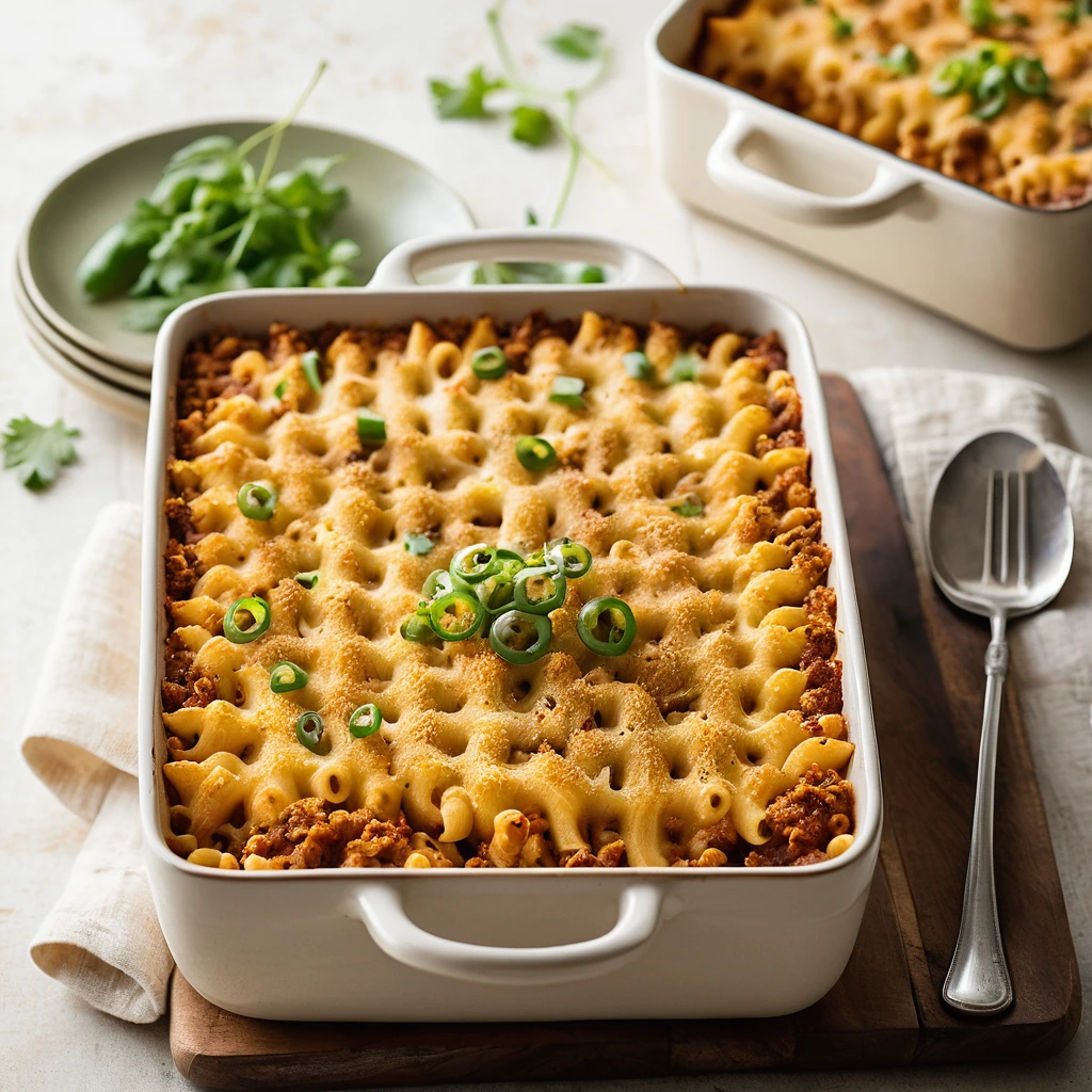 Baked casserole in a rectangular dish with a golden, bubbly top, flecked with green onions.