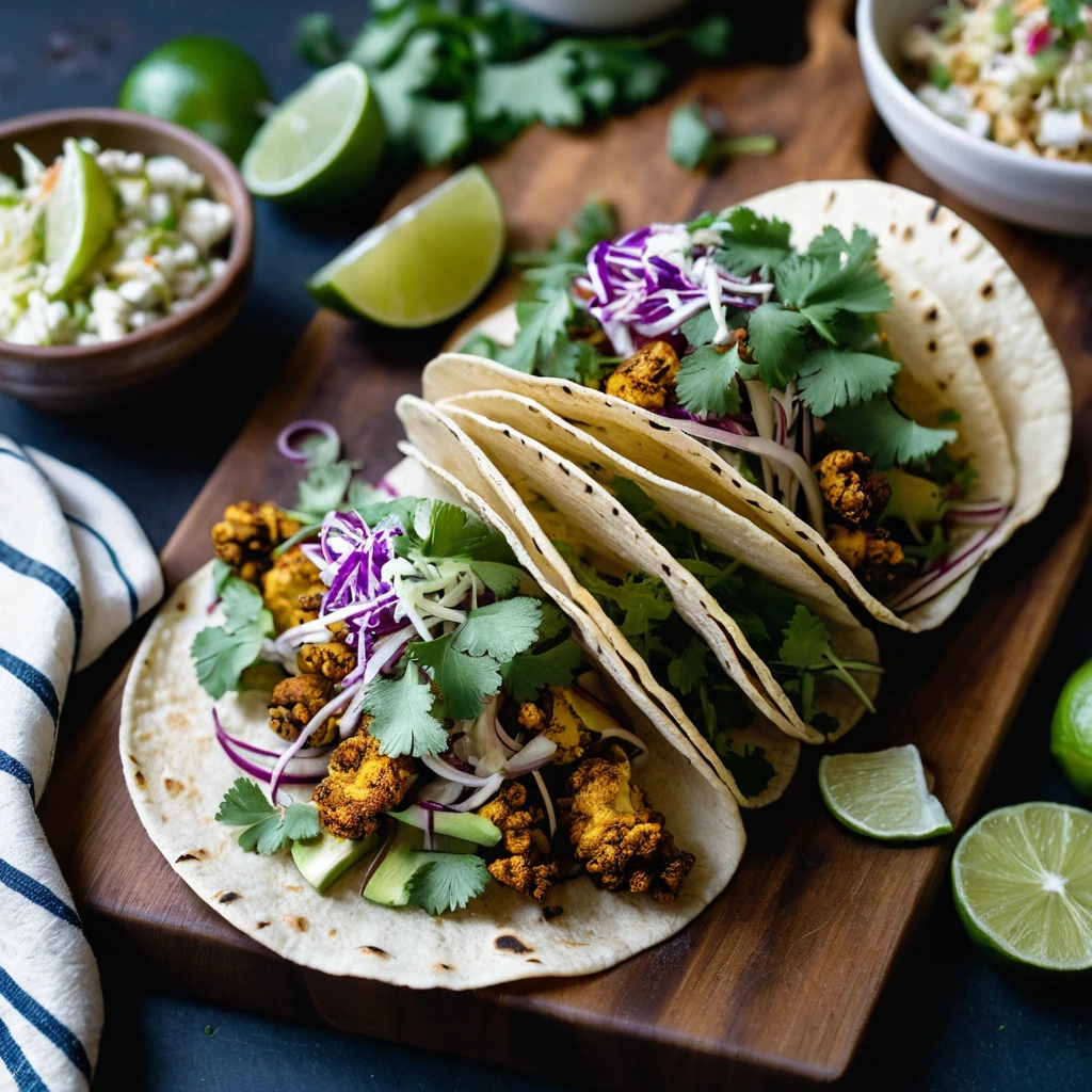 Golden roasted cauliflower in corn tortillas with vibrant green slaw on a rustic wooden board