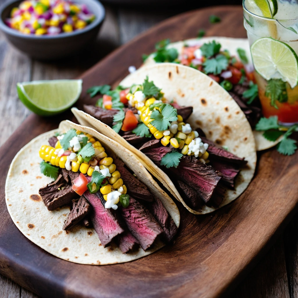 Colorful corn salsa spooned over grilled steak in soft tortillas on a rustic wooden board.